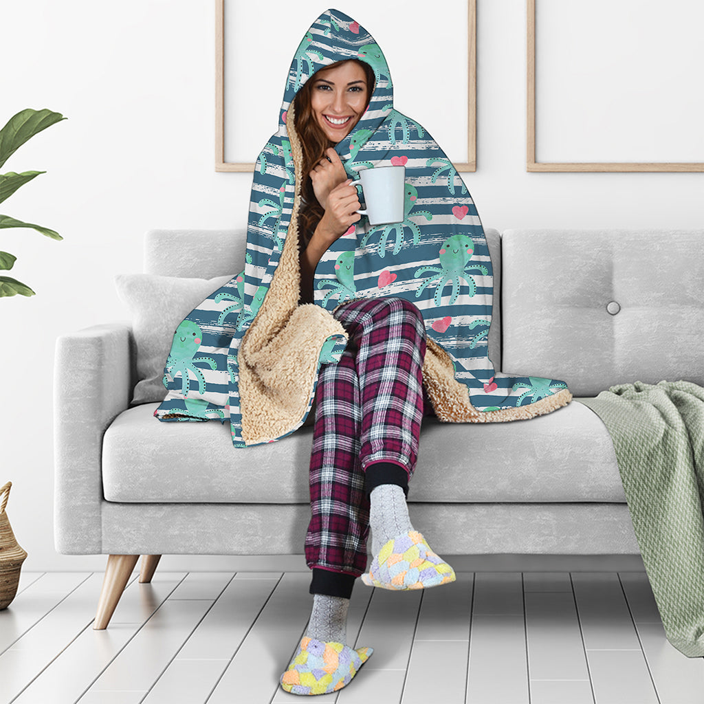 Cute Octopus Pattern Print Hooded Blanket