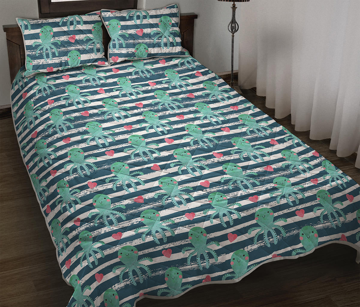 Cute Octopus Pattern Print Quilt Bed Set