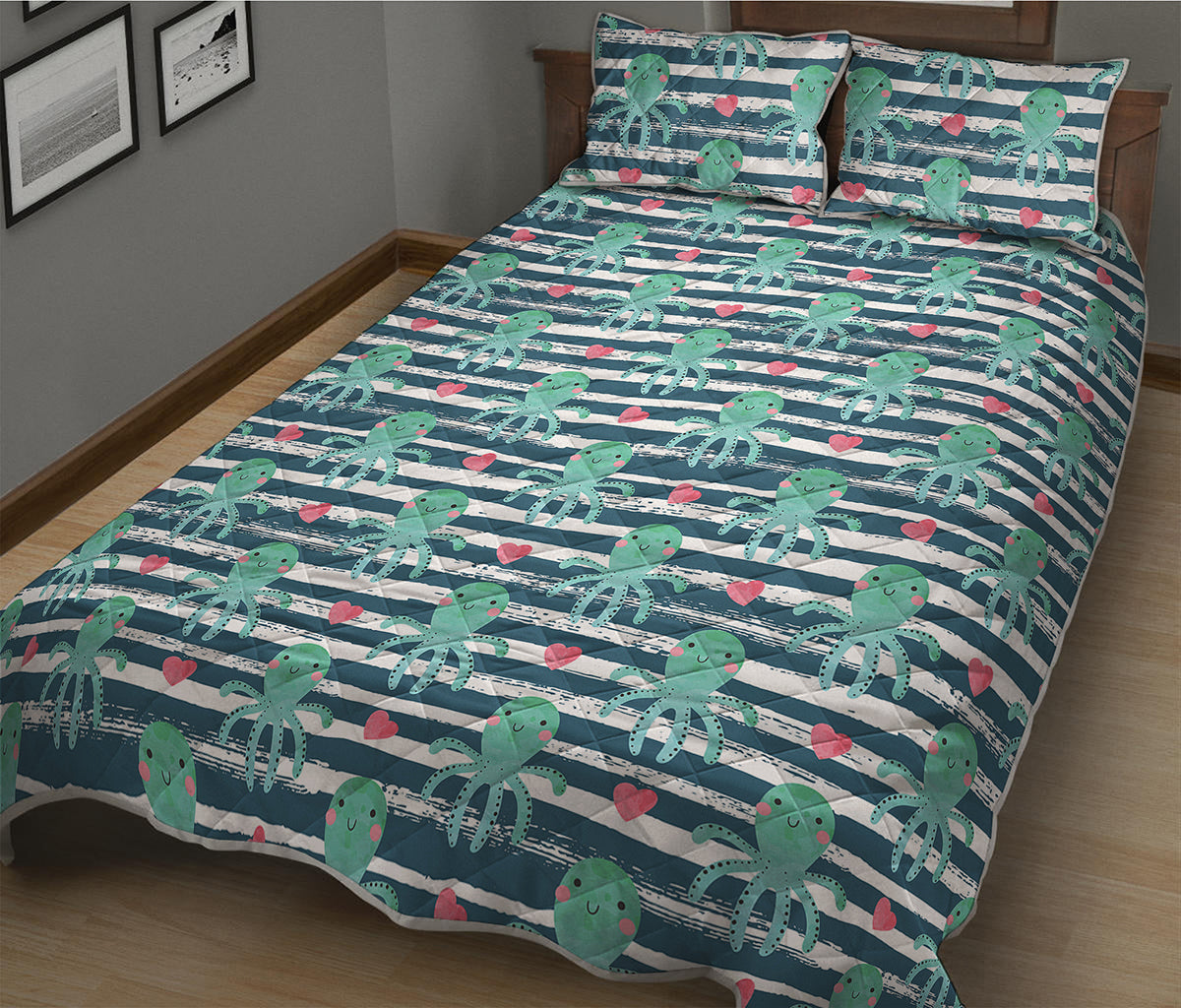 Cute Octopus Pattern Print Quilt Bed Set
