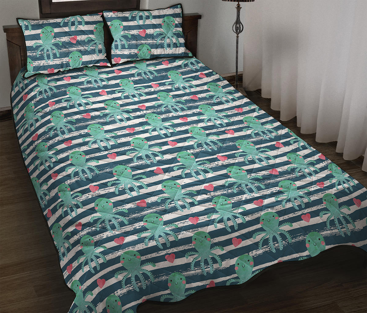 Cute Octopus Pattern Print Quilt Bed Set