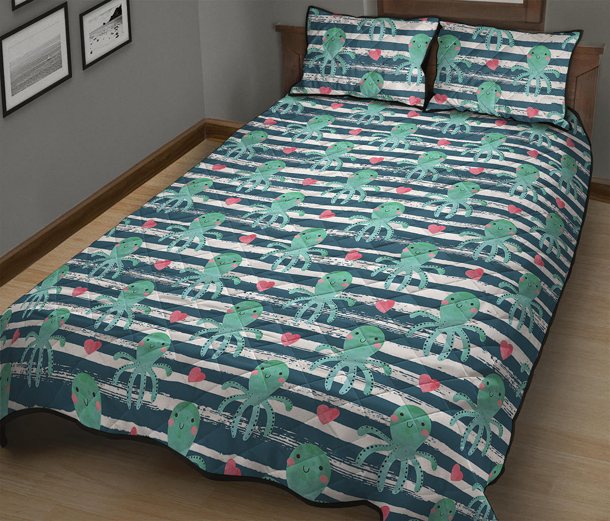 Cute Octopus Pattern Print Quilt Bed Set