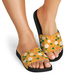 Cute Orange Fruit Pattern Print Black Slide Sandals