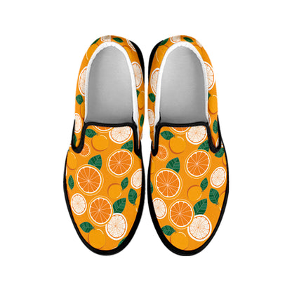 Cute Orange Fruit Pattern Print Black Slip On Shoes