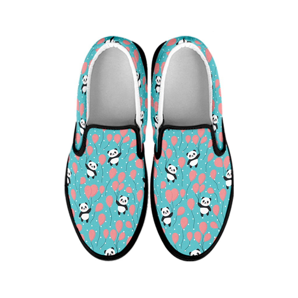 Cute Panda And Balloon Pattern Print Black Slip On Shoes