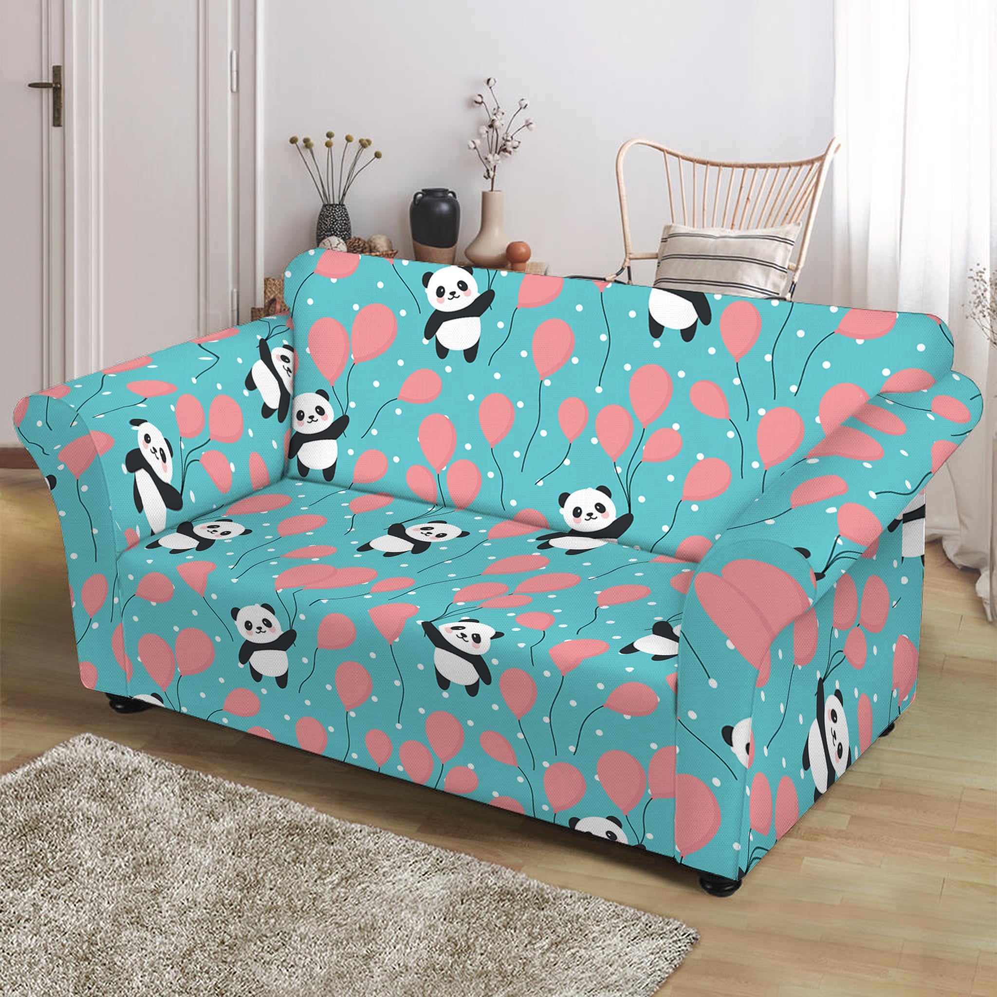 Cute Panda And Balloon Pattern Print Loveseat Slipcover