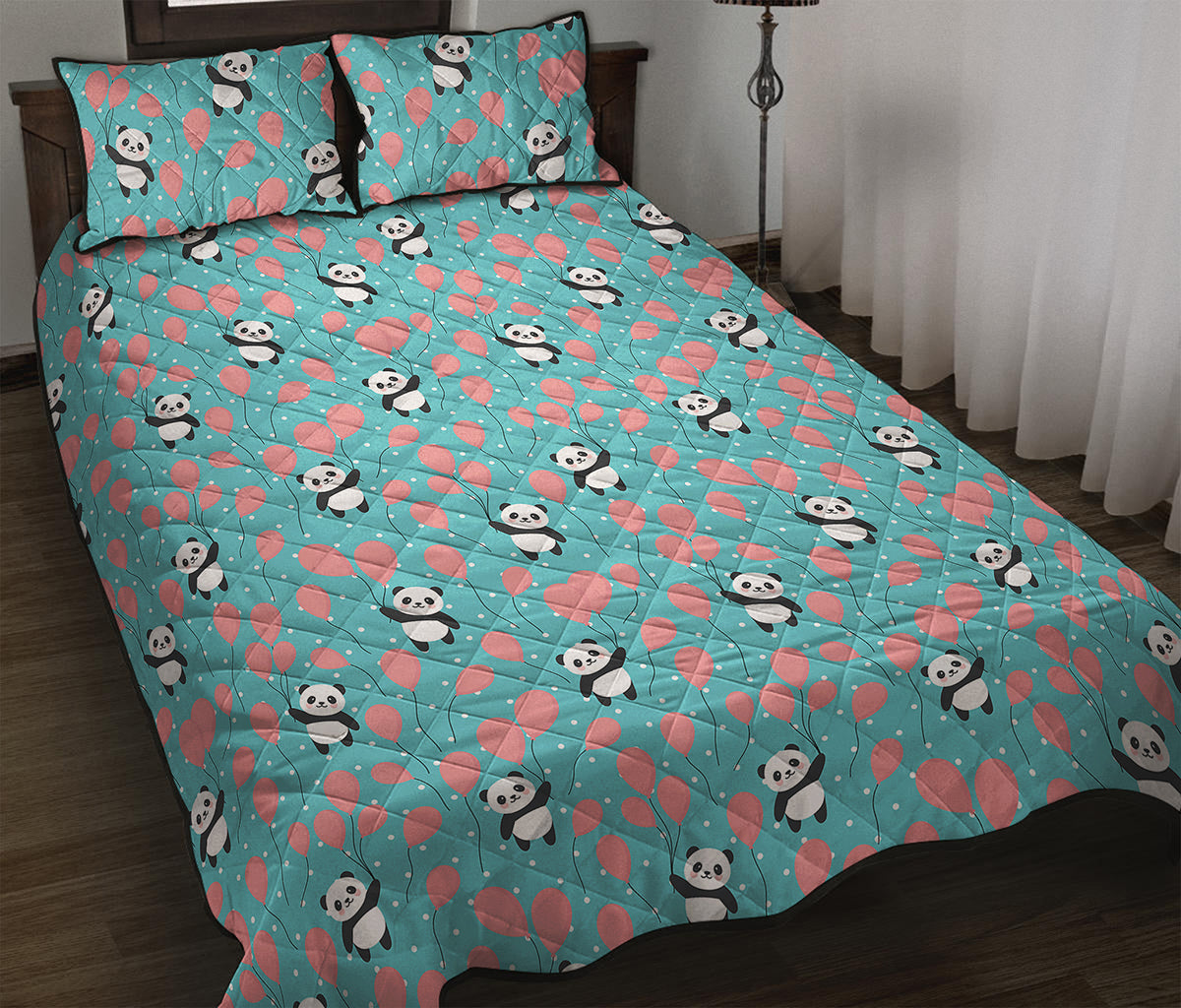 Cute Panda And Balloon Pattern Print Quilt Bed Set
