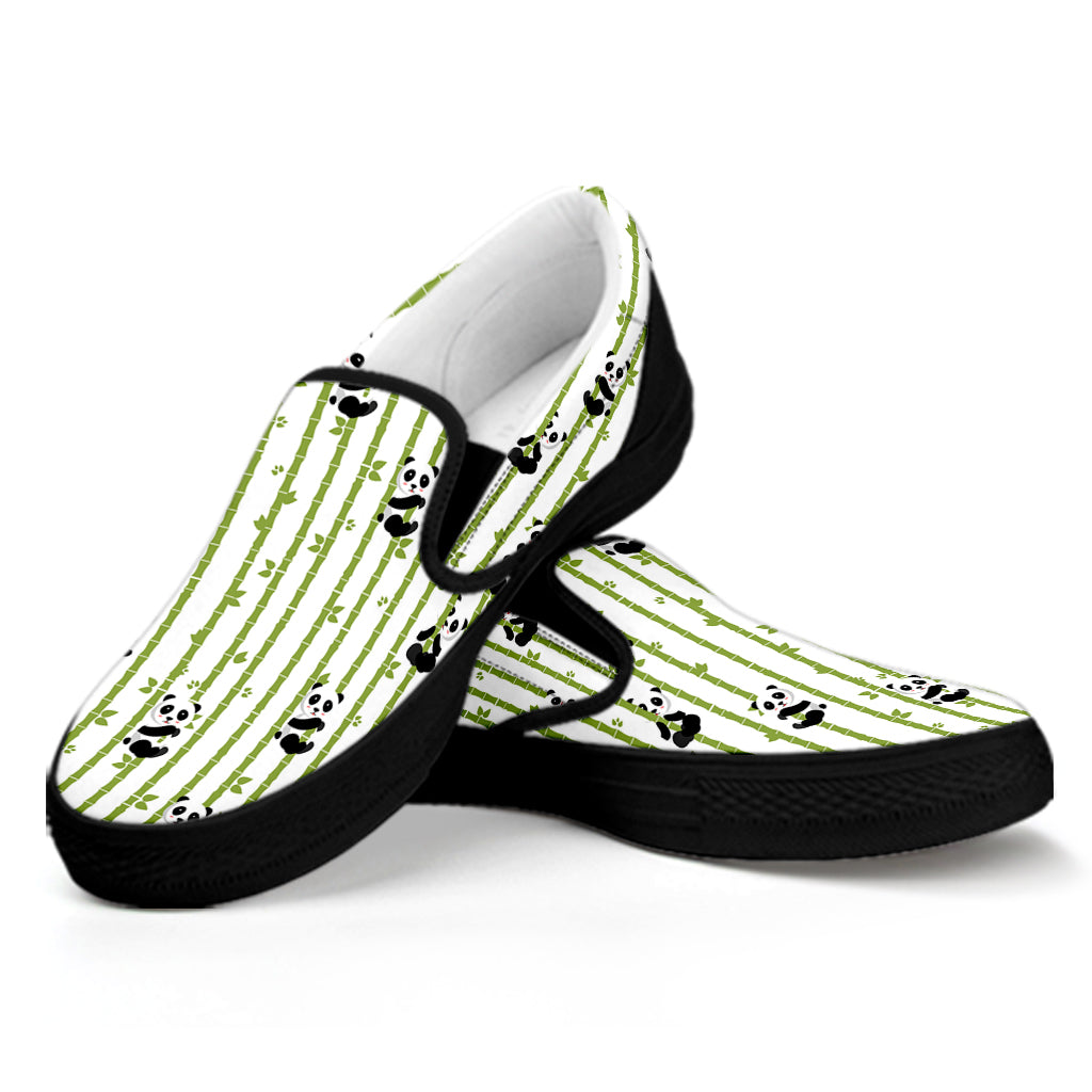 Cute Panda And Bamboo Pattern Print Black Slip On Shoes