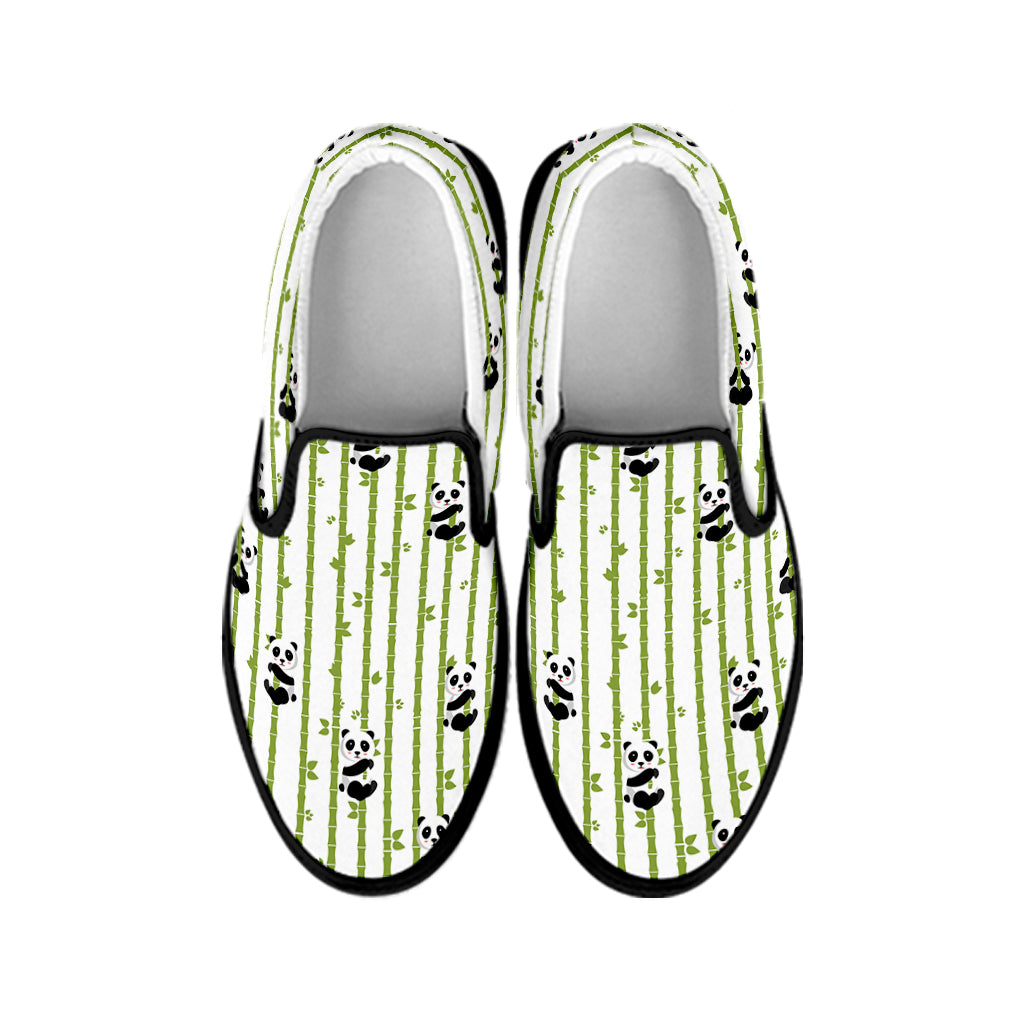 Cute Panda And Bamboo Pattern Print Black Slip On Shoes