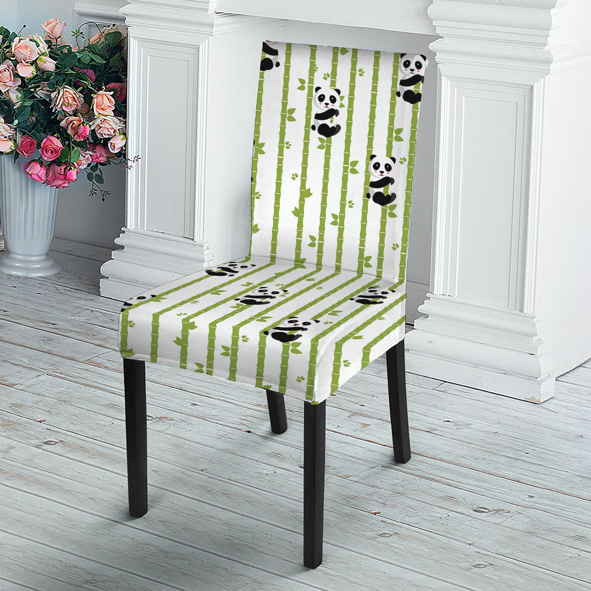 Cute Panda And Bamboo Pattern Print Dining Chair Slipcover