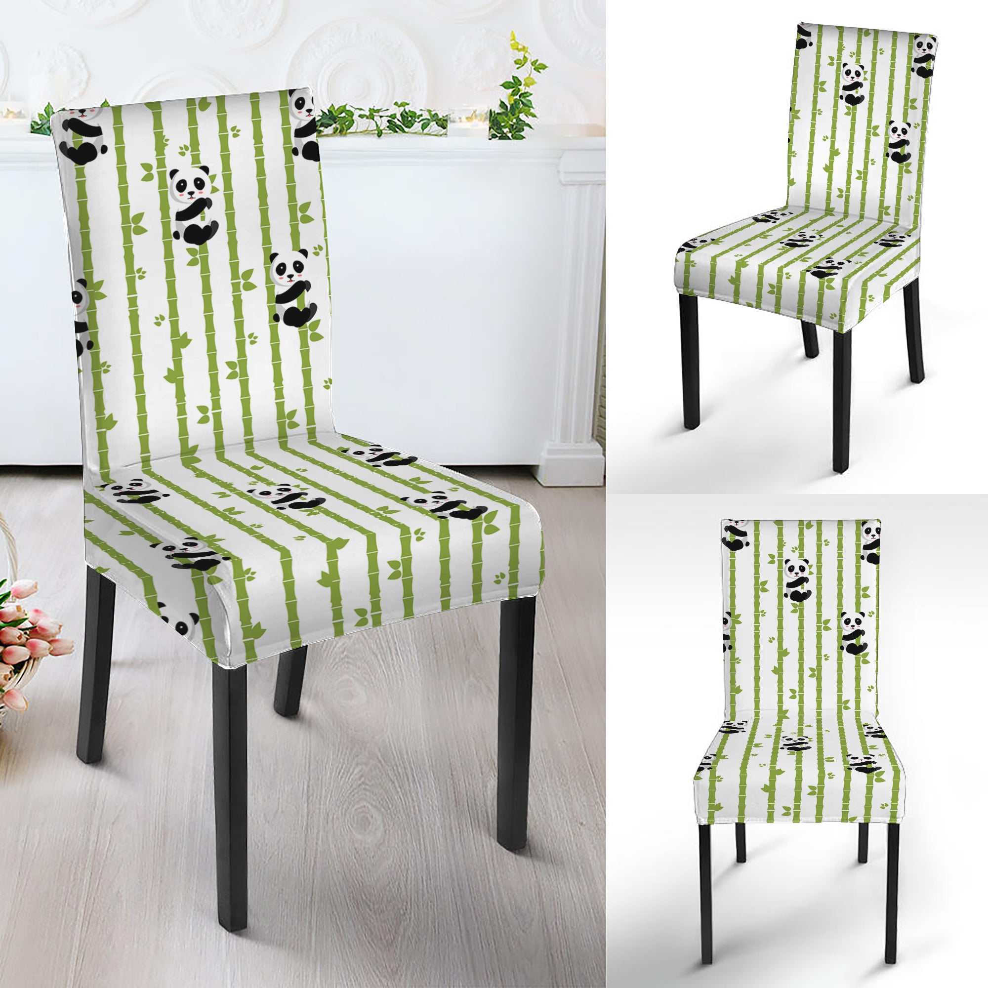 Cute Panda And Bamboo Pattern Print Dining Chair Slipcover