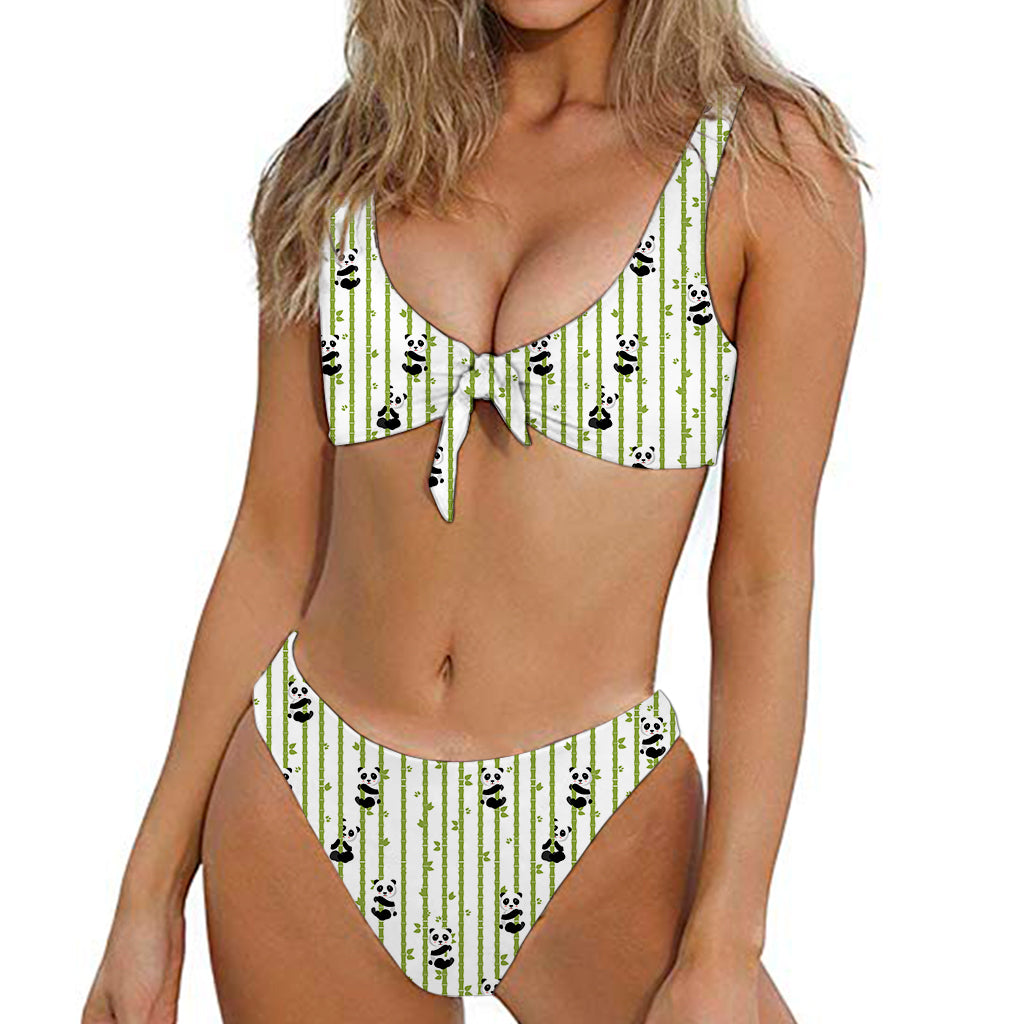 Cute Panda And Bamboo Pattern Print Front Bow Tie Bikini