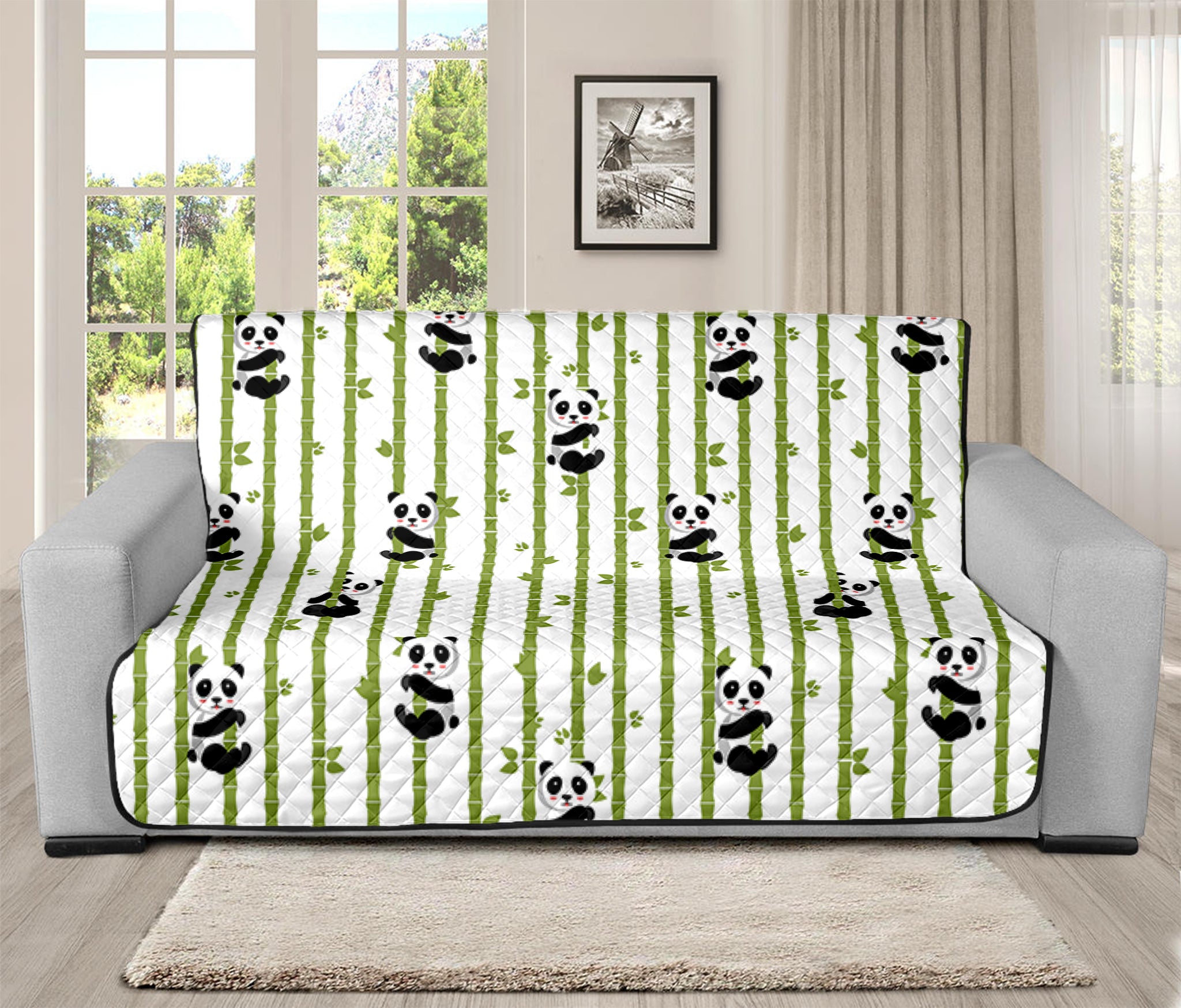 Cute Panda And Bamboo Pattern Print Futon Protector