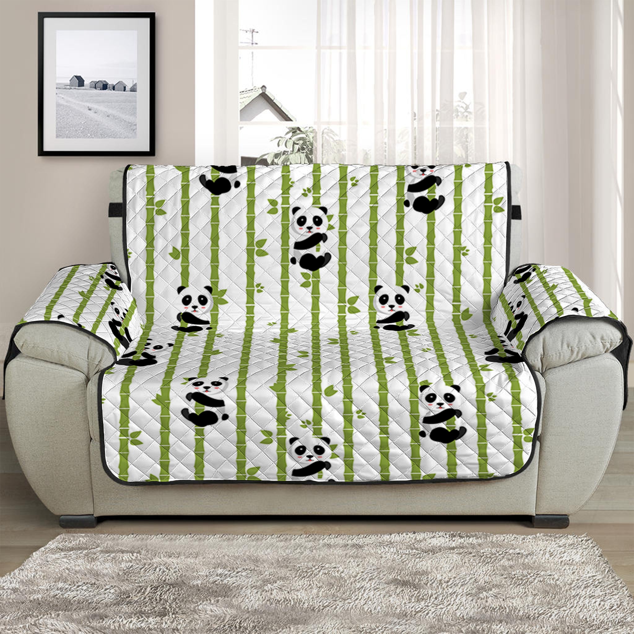 Cute Panda And Bamboo Pattern Print Half Sofa Protector