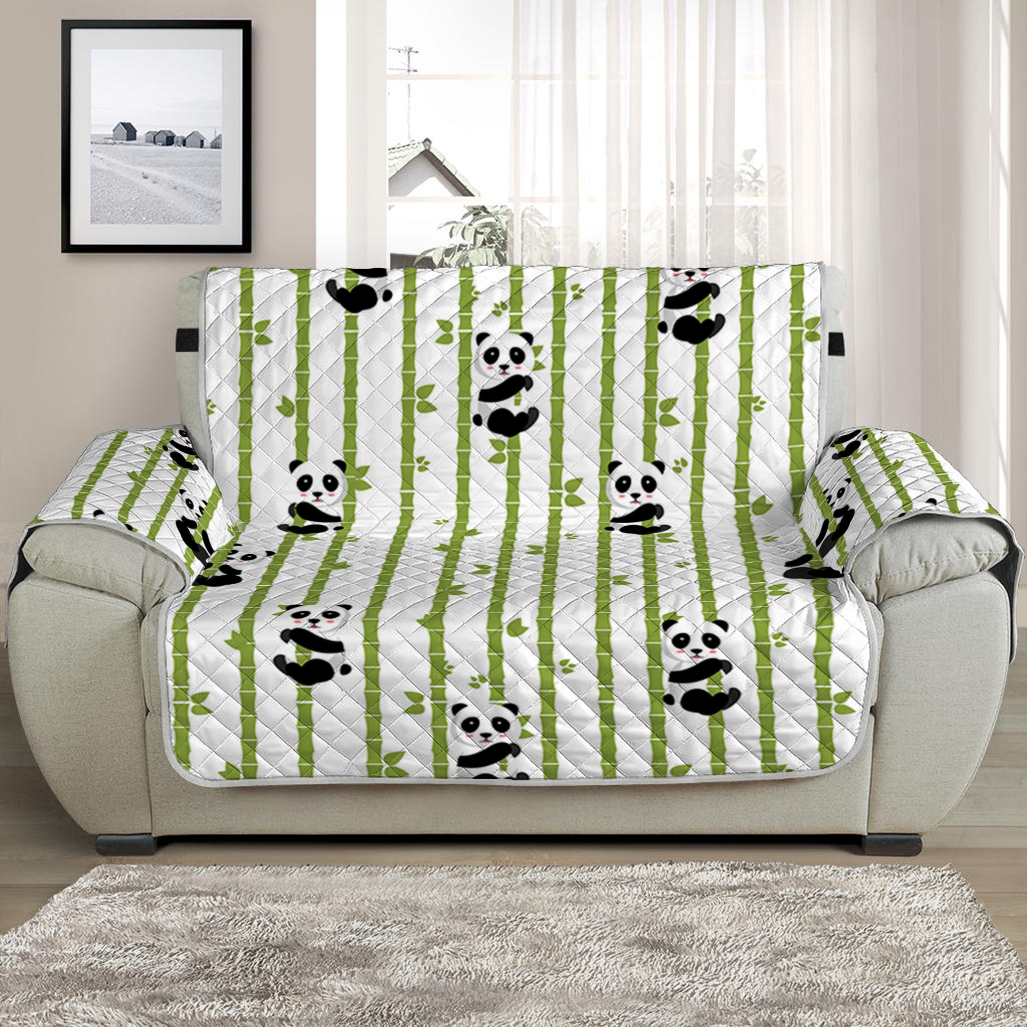 Cute Panda And Bamboo Pattern Print Half Sofa Protector