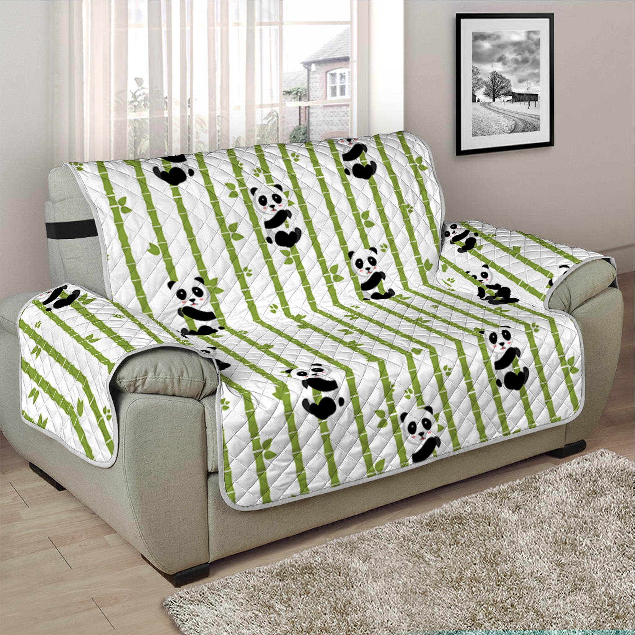 Cute Panda And Bamboo Pattern Print Half Sofa Protector