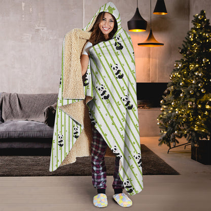 Cute Panda And Bamboo Pattern Print Hooded Blanket