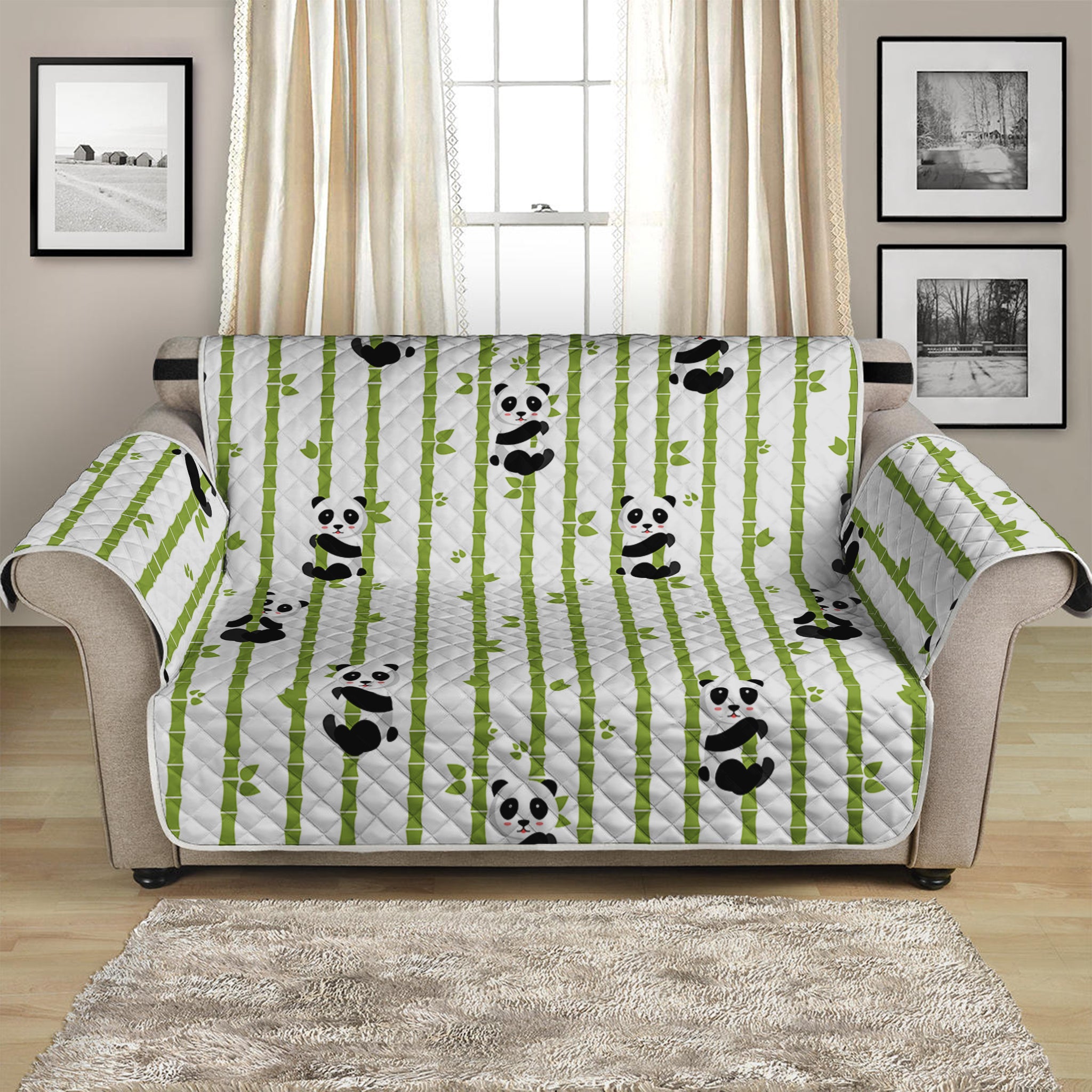 Cute Panda And Bamboo Pattern Print Loveseat Protector