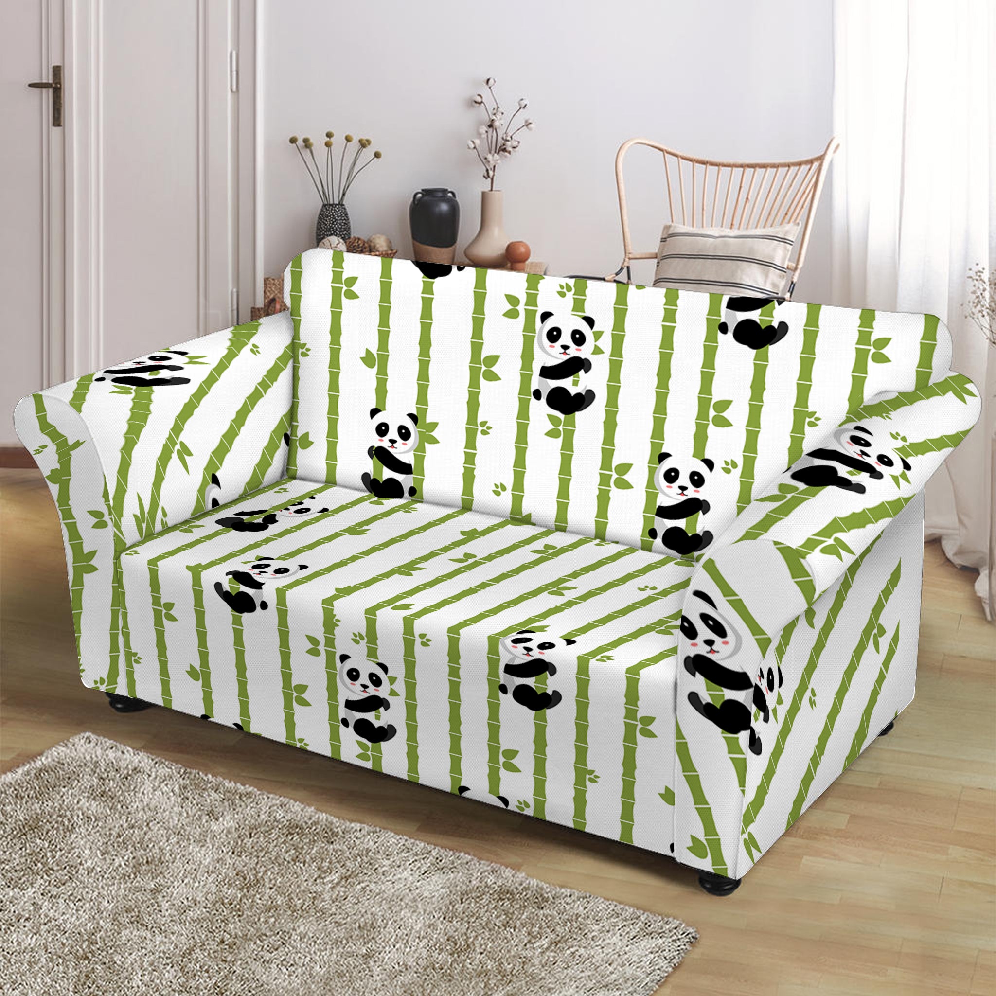 Cute Panda And Bamboo Pattern Print Loveseat Slipcover