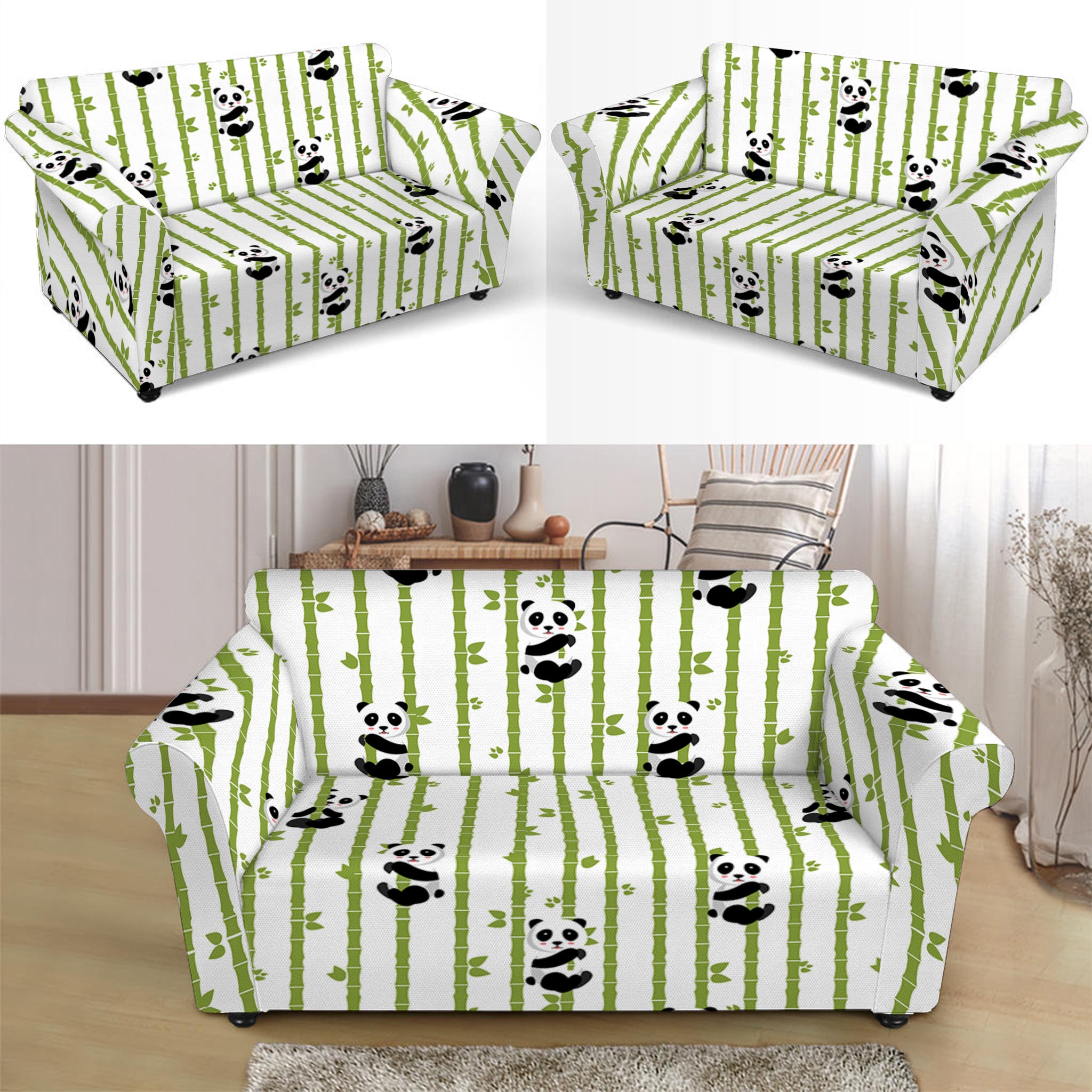 Cute Panda And Bamboo Pattern Print Loveseat Slipcover