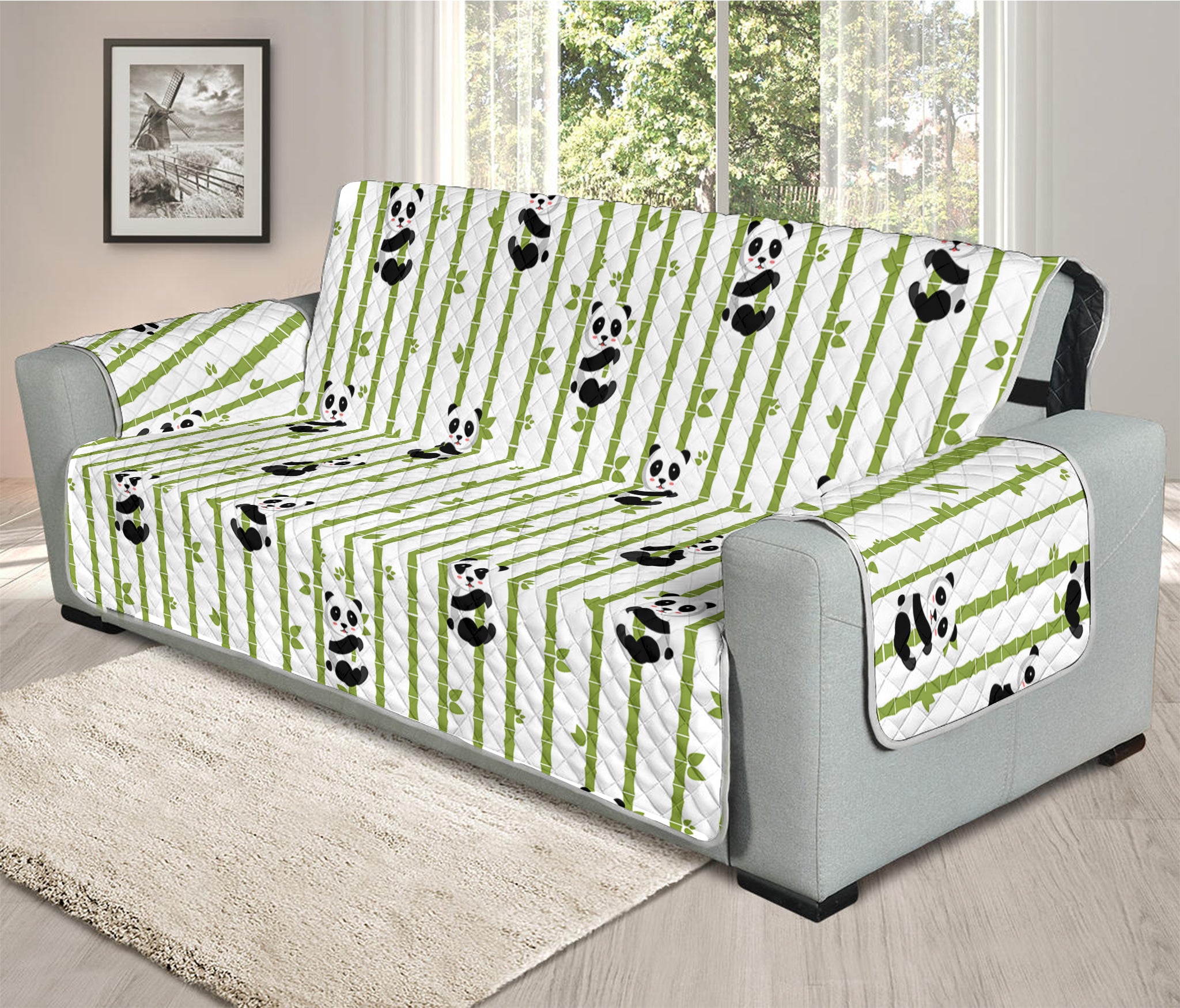 Cute Panda And Bamboo Pattern Print Oversized Sofa Protector