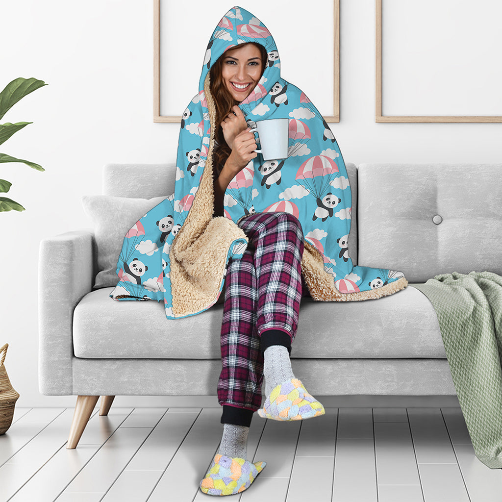 Cute Panda And Parachute Pattern Print Hooded Blanket