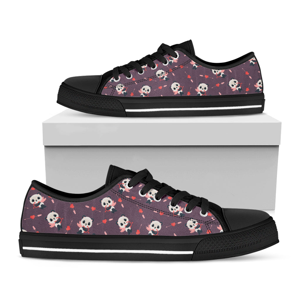 Cute Panda Cupid Valentine Pattern Print Black Low Top Shoes