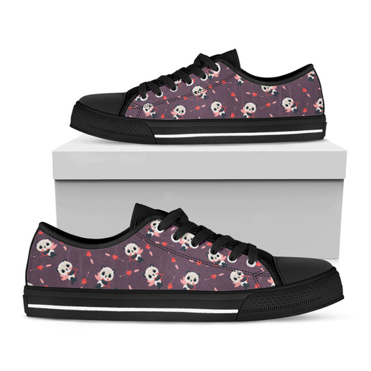 Cute Panda Cupid Valentine Pattern Print Black Low Top Shoes