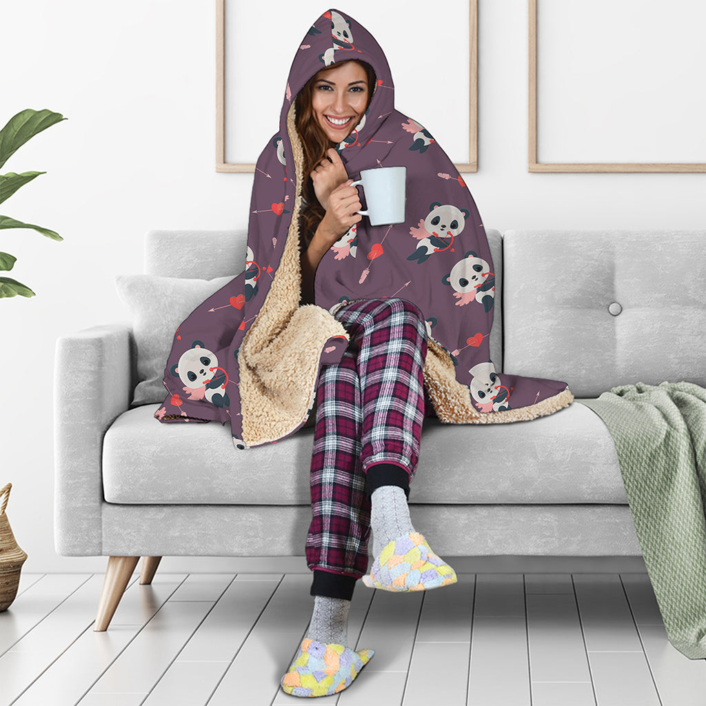Cute Panda Cupid Valentine Pattern Print Hooded Blanket
