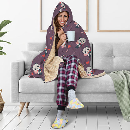 Cute Panda Cupid Valentine Pattern Print Hooded Blanket
