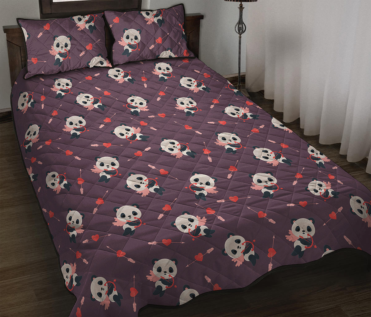 Cute Panda Cupid Valentine Pattern Print Quilt Bed Set
