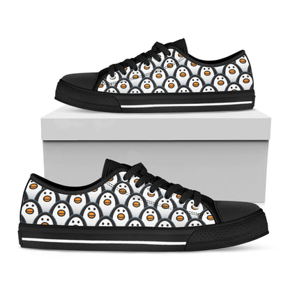 Cute Penguin Face Pattern Print Black Low Top Shoes