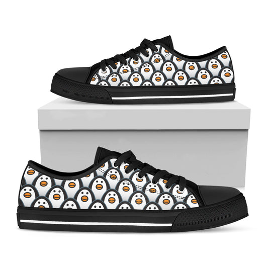 Cute Penguin Face Pattern Print Black Low Top Shoes