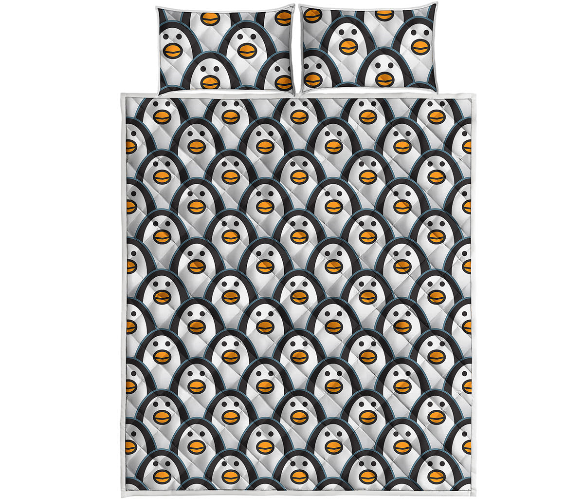 Cute Penguin Face Pattern Print Quilt Bed Set