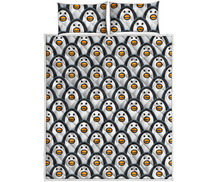 Cute Penguin Face Pattern Print Quilt Bed Set