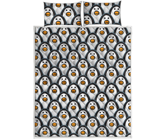 Cute Penguin Face Pattern Print Quilt Bed Set