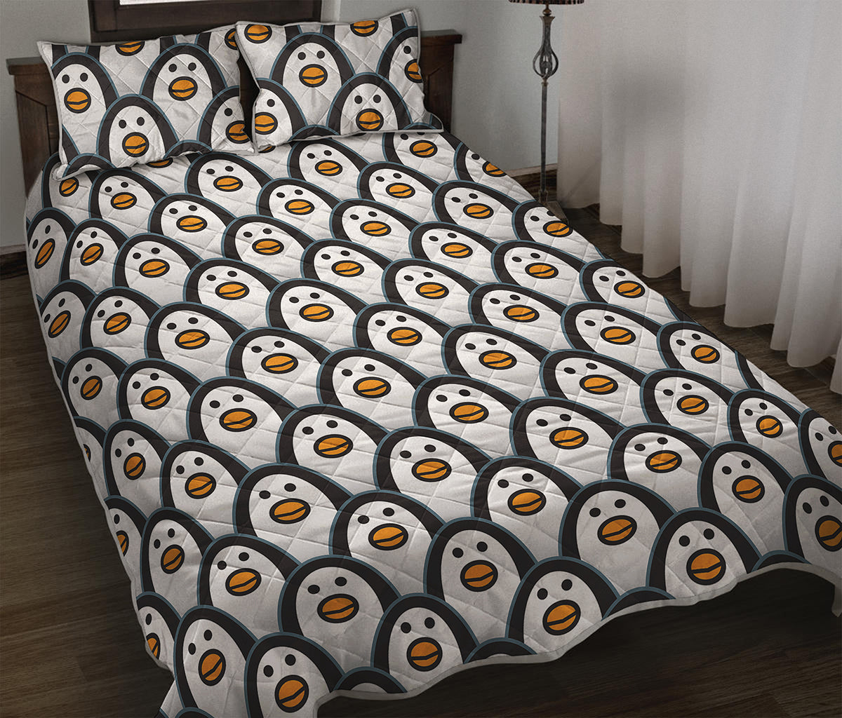 Cute Penguin Face Pattern Print Quilt Bed Set
