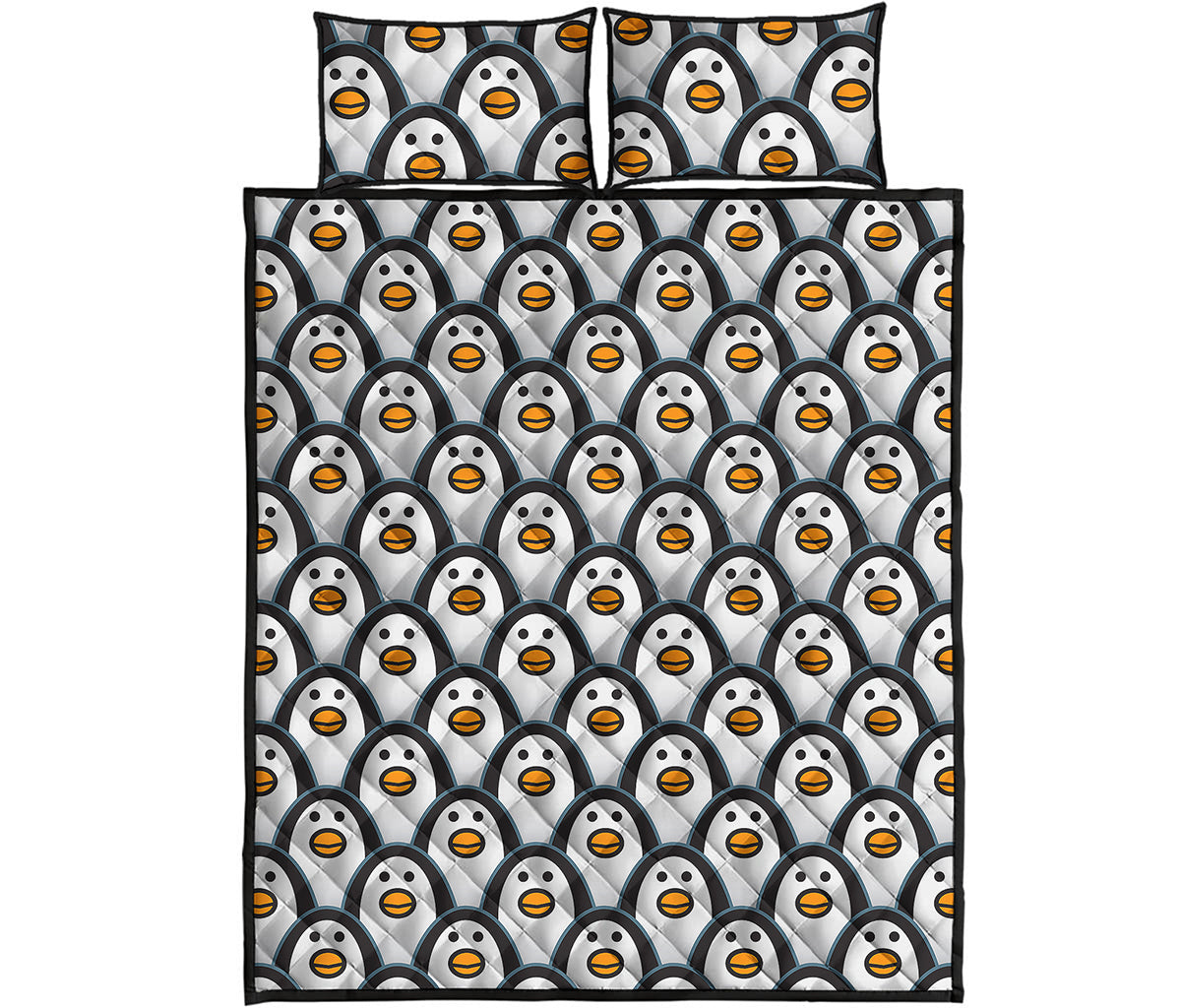 Cute Penguin Face Pattern Print Quilt Bed Set