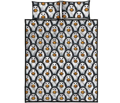 Cute Penguin Face Pattern Print Quilt Bed Set
