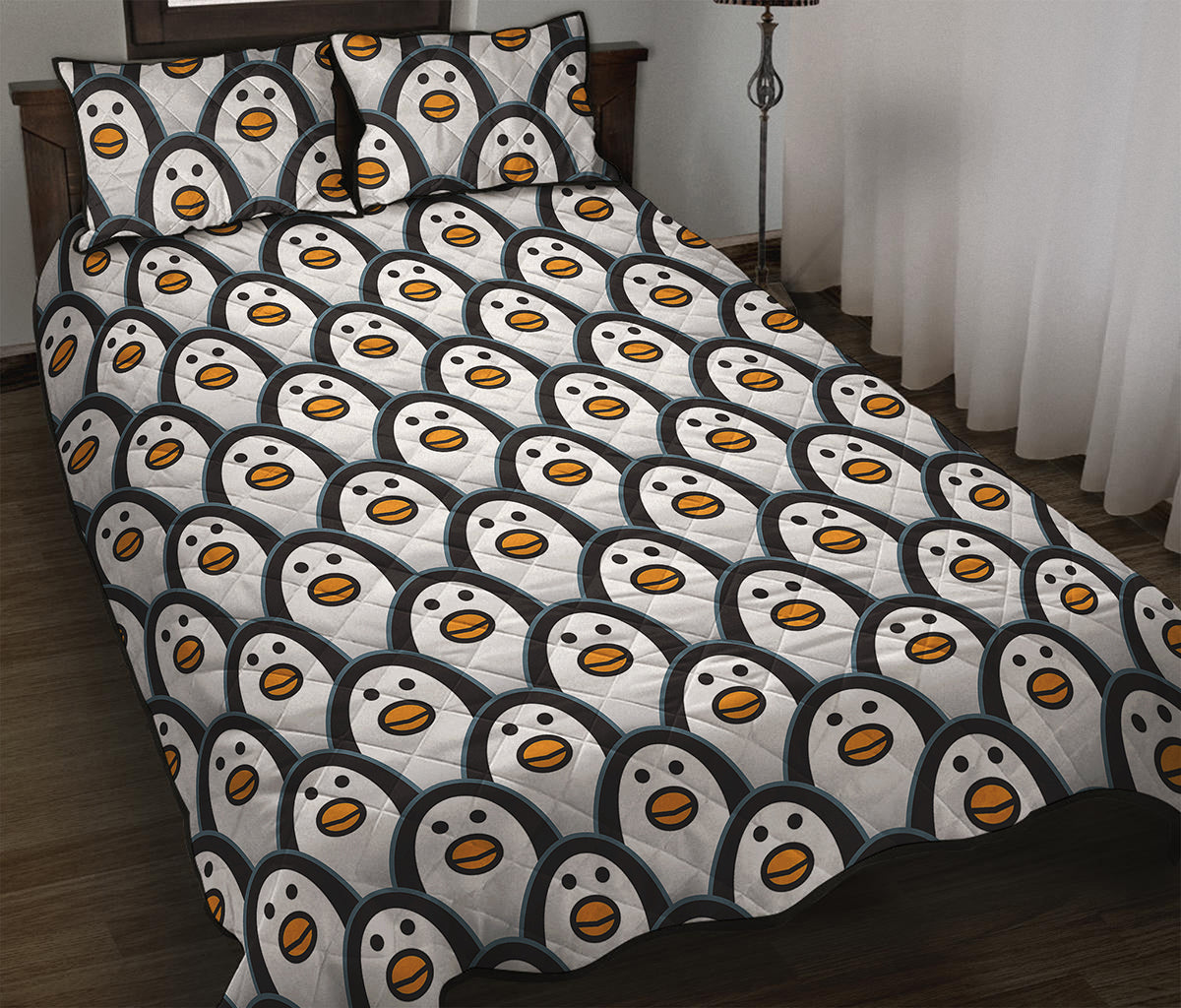 Cute Penguin Face Pattern Print Quilt Bed Set