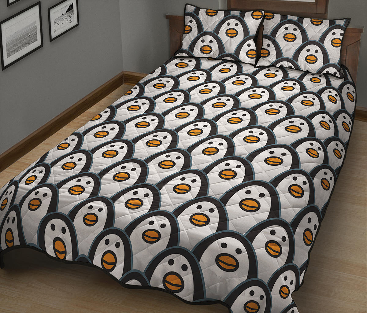 Cute Penguin Face Pattern Print Quilt Bed Set