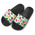Cute Pineapple Watermelon Pattern Print Black Slide Sandals