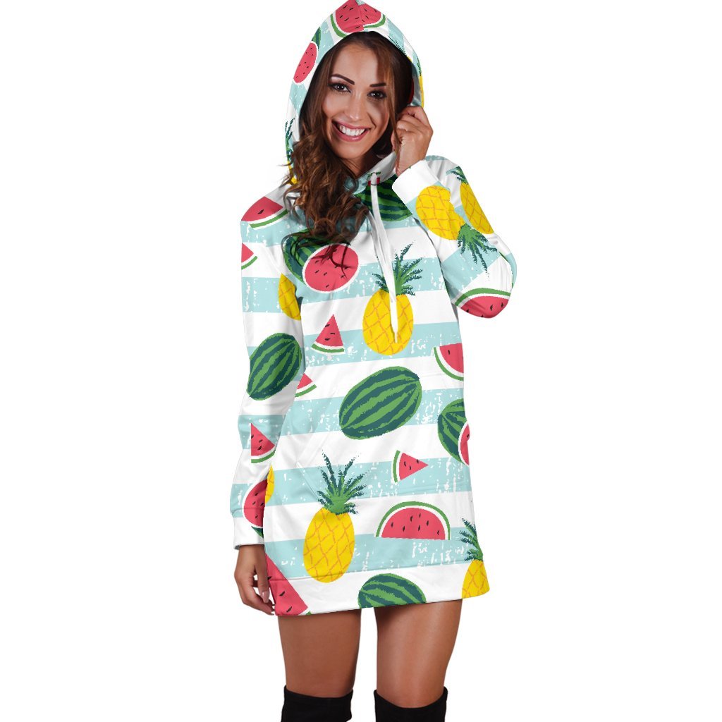Cute Pineapple Watermelon Pattern Print Hoodie Dress GearFrost