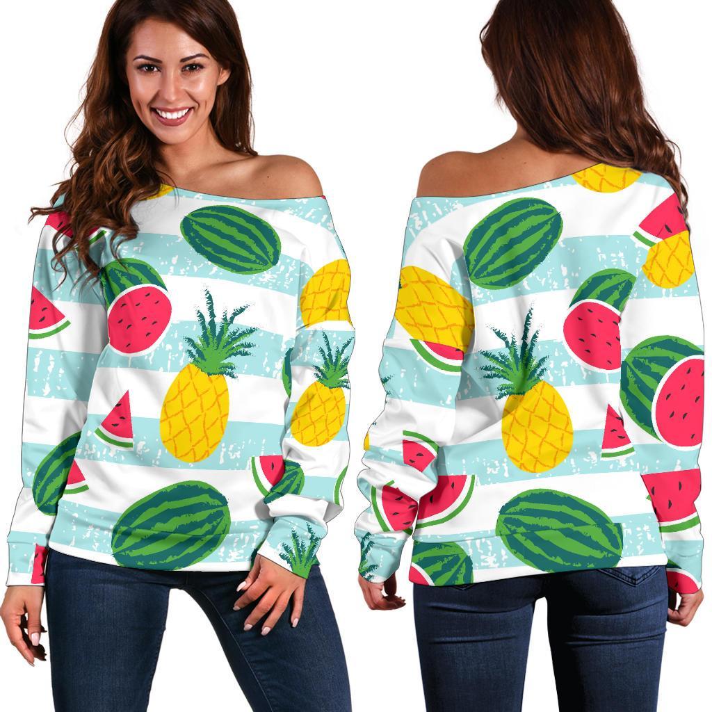 Cute Pineapple Watermelon Pattern Print Off Shoulder Sweatshirt GearFrost