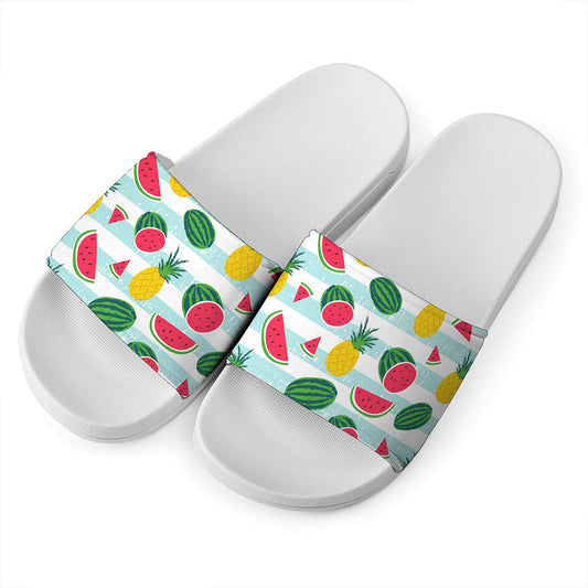 Cute Pineapple Watermelon Pattern Print White Slide Sandals