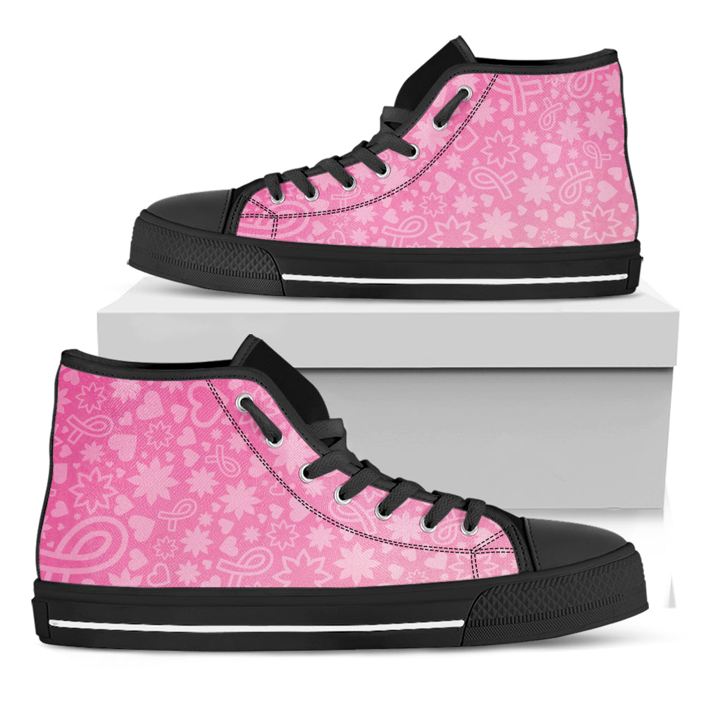 Cute Pink Breast Cancer Pattern Print Black High Top Shoes