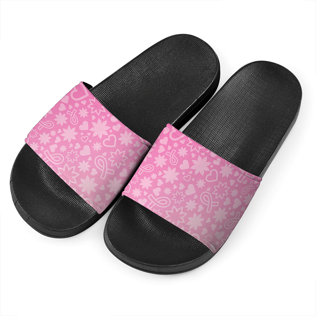 Cute Pink Breast Cancer Pattern Print Black Slide Sandals