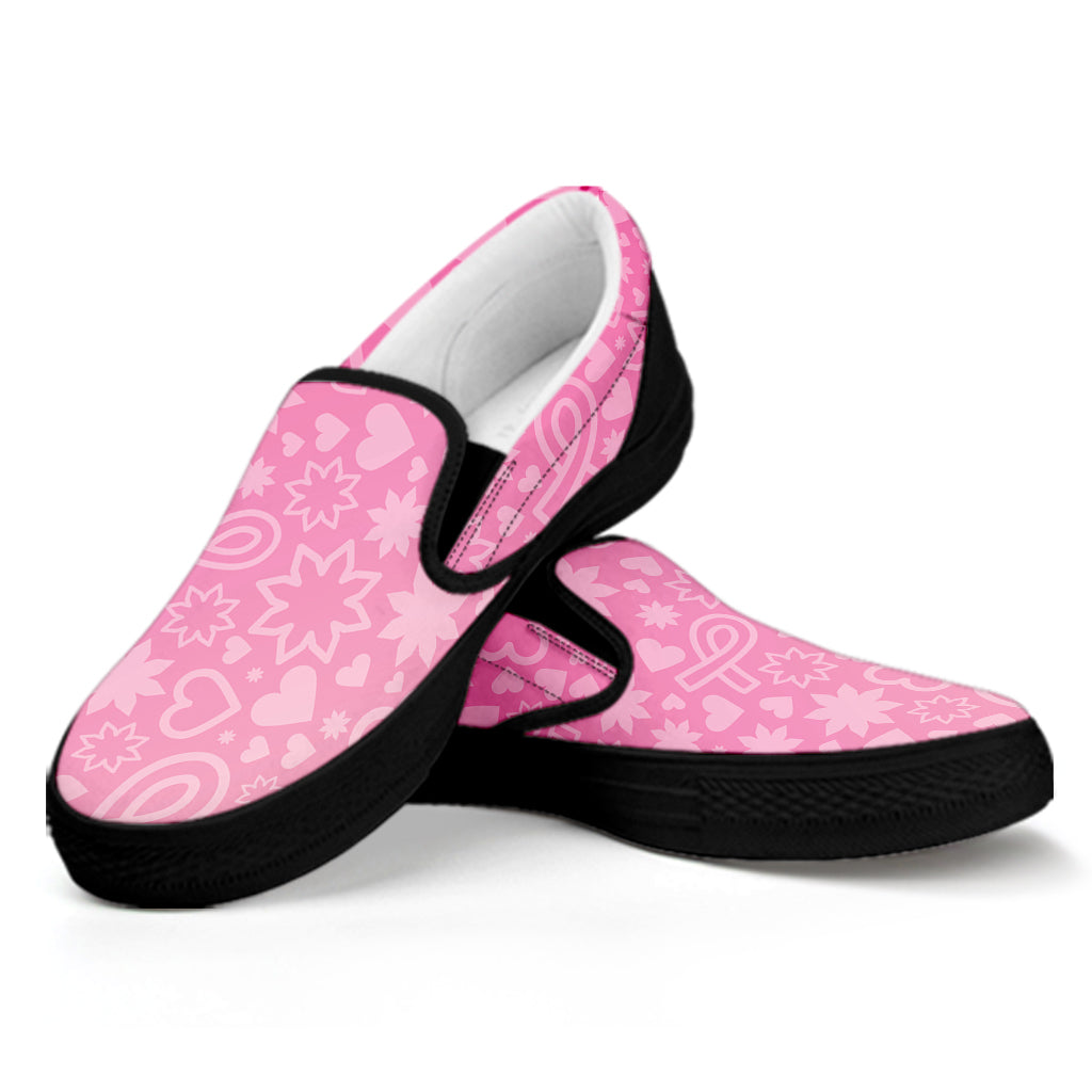 Cute Pink Breast Cancer Pattern Print Black Slip On Shoes