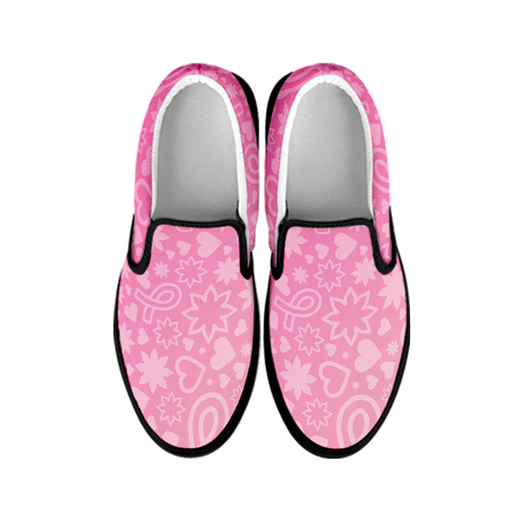 Cute Pink Breast Cancer Pattern Print Black Slip On Shoes
