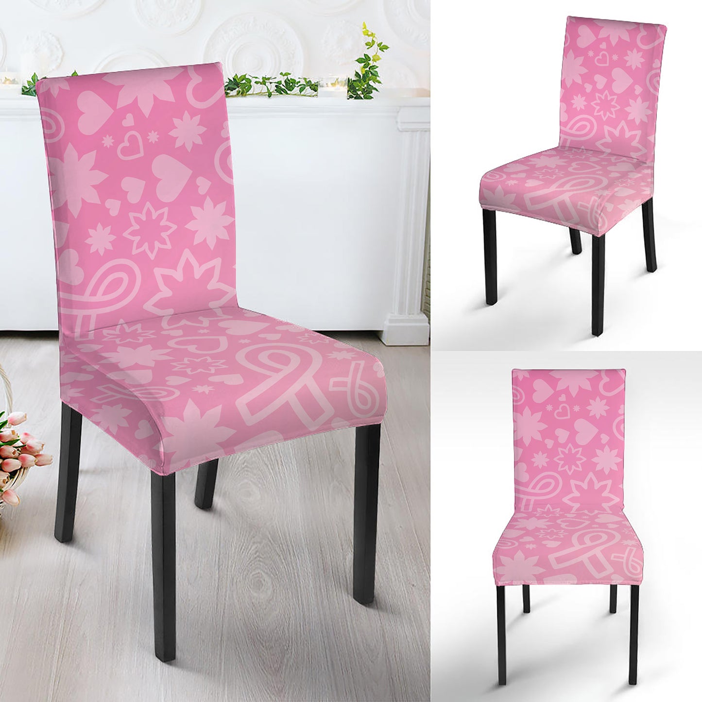 Cute Pink Breast Cancer Pattern Print Dining Chair Slipcover