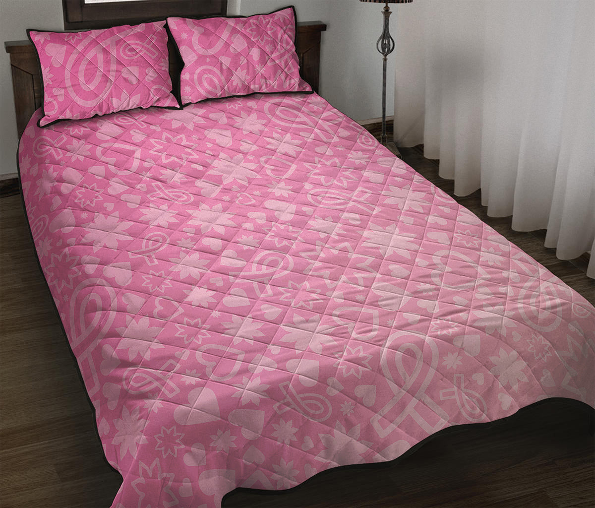 Cute Pink Breast Cancer Pattern Print Quilt Bed Set